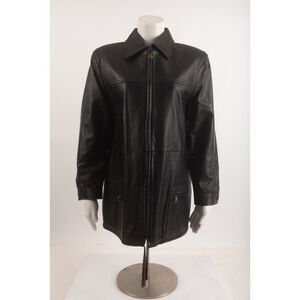 Laurèl By Escada Vintage Womens Leather Jacket Coat Sz M L Black 1980s full zip